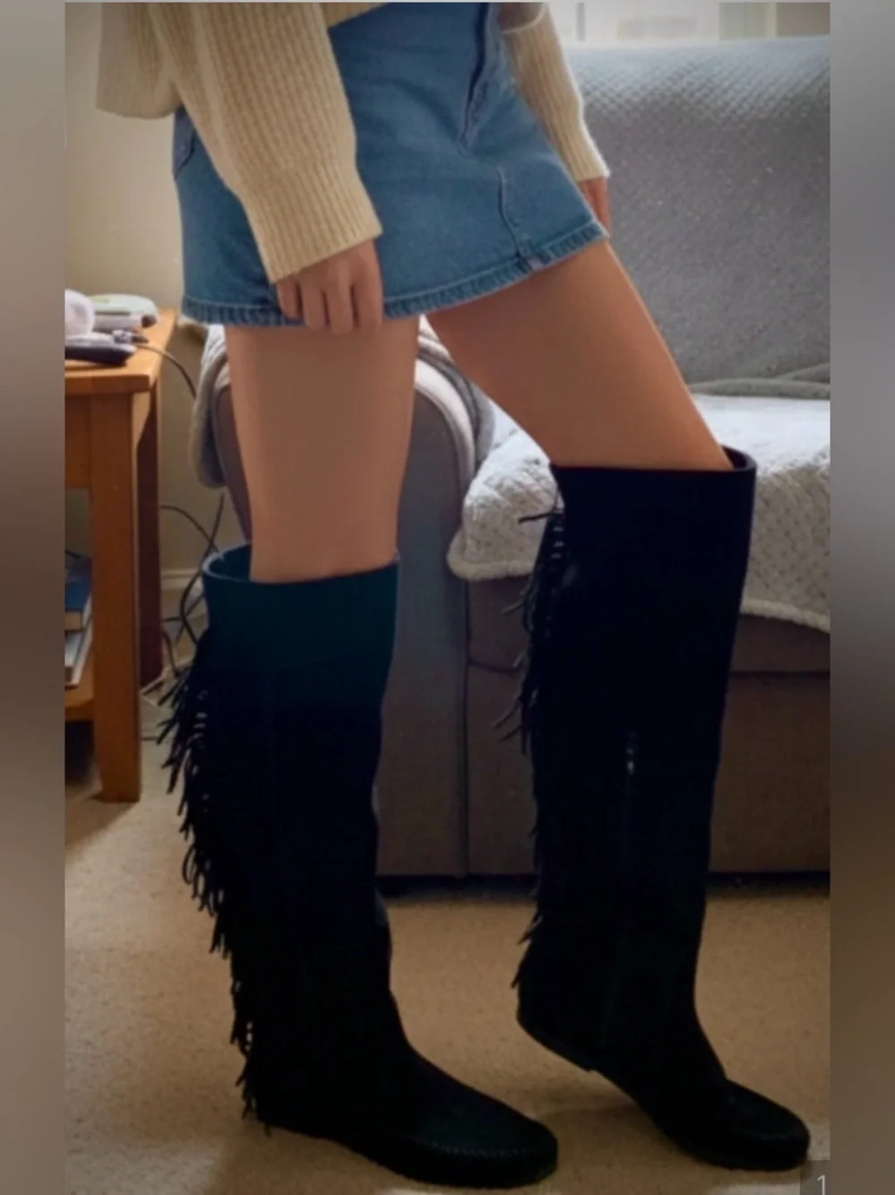 Minnetonka Over The Knee Fringe Boots Suede Black Women’s Size 9